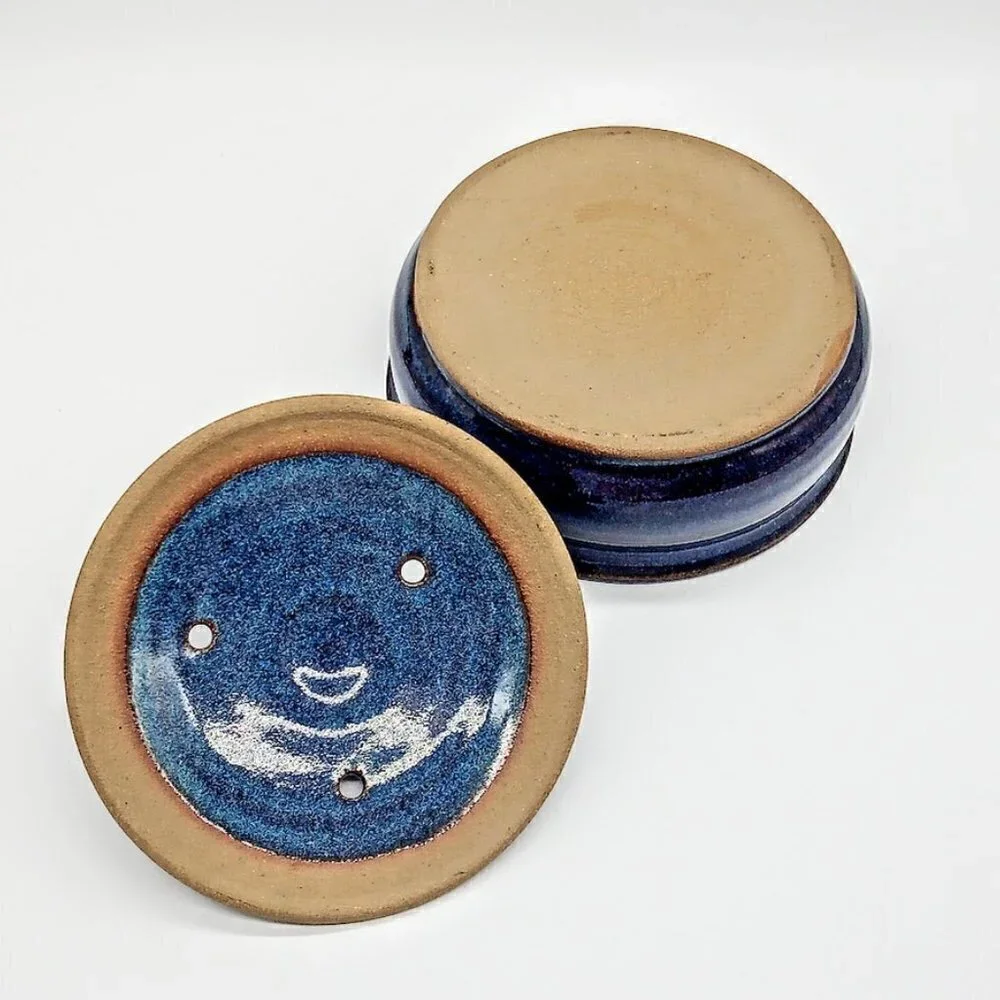 Blue Glazed Covered Ceramic Round Baker